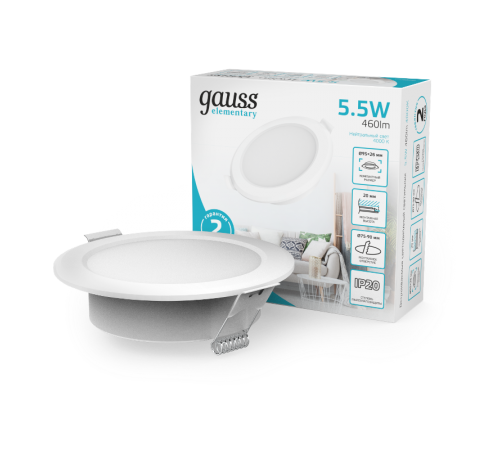 Светильник  Elementary Downlight круг 5,5W 460lm 4000K 170-260V IP20 95*26 белый LED 1/100  997420205  Gauss