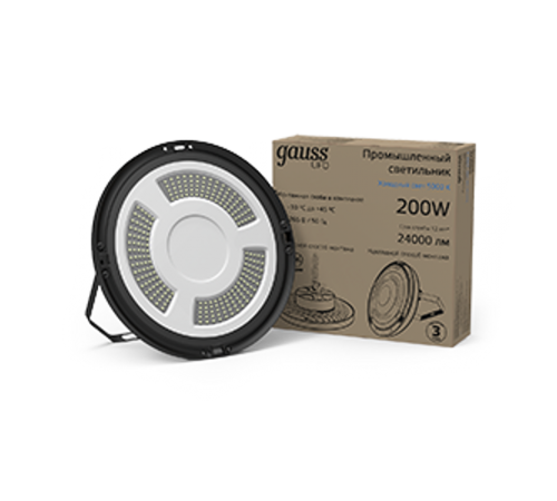 Светильник светодиодный подвесной UFO 200W 24000lm 5000K 175-265V IP65 D310*88мм черный скобка в комплекте  821536320  Gauss