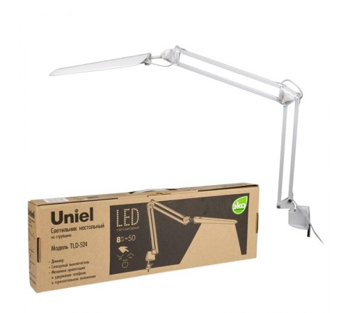 Светильник настольный TLD-524 White/8W/ на струбцине/LED/500Lm/4500K/Dimmer/Цвет-белый  10610  Uniel