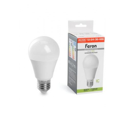 Лампа светодиодная низковольтная, (15W) 12-48V E27 4000K A60, LB-194  48730  FERON