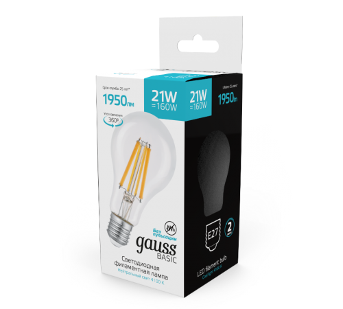 Лампа светодиодная   Basic Filament А70 21W 1950lm 4100К Е27 LED 1/10/40  40712212  Gauss