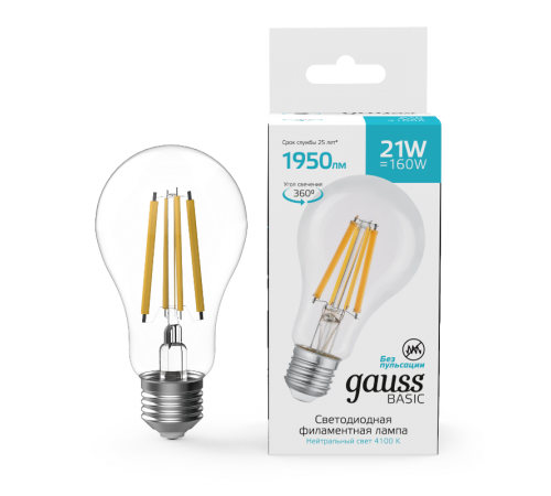 Лампа светодиодная   Basic Filament А70 21W 1950lm 4100К Е27 LED 1/10/40  40712212  Gauss