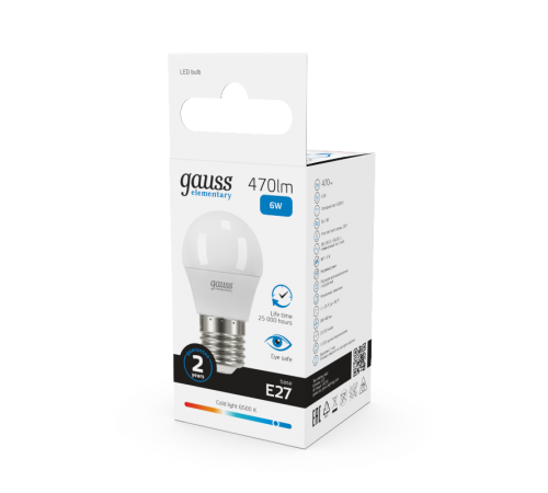 Лампа светодиодная LED 6Вт E27 220В 6500К Elementary шар  53236  Gauss