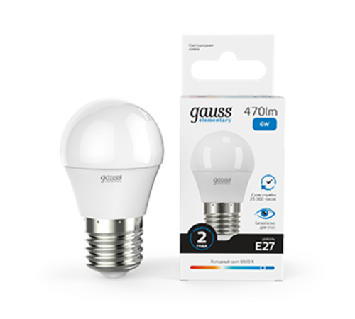 Лампа светодиодная LED 6Вт E27 220В 6500К Elementary шар  53236  Gauss