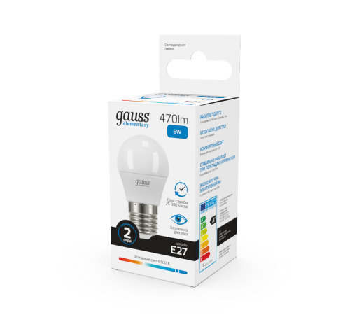 Лампа светодиодная LED 6Вт E27 220В 6500К Elementary шар  53236  Gauss