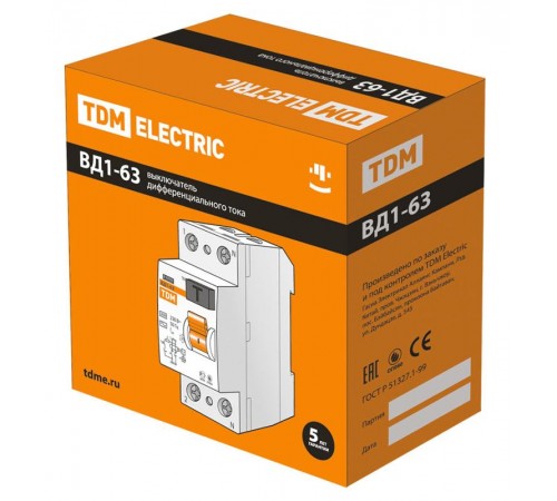 Выключатель дифференциальный (УЗО) ВД1-63 2п 50А 30мА тип AC  SQ0203-0016  TDM