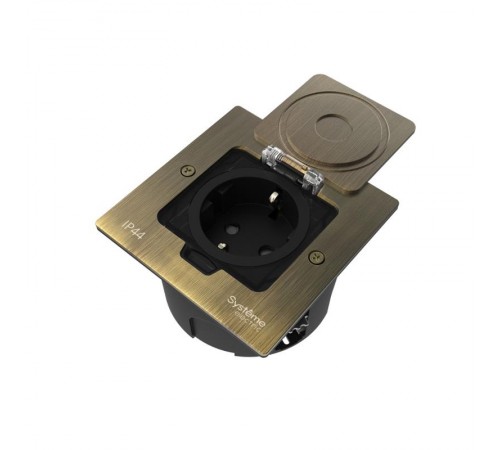 MultiDesk Лючок с розеткой 2К+З, 16А/250В, IP44 с монтажной коробкой для стены, фальшпола, стола Античная латунь, тип MDK21  MDK21102BA  SE