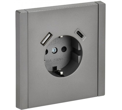 FORTE&PIANO Розетка с заземлением, со шторками в/к 16А USB A+C 18Вт FP547 сталь  FP-R14-16-U22-018-K46  IEK