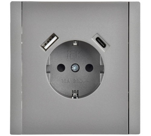 FORTE&PIANO Розетка с заземлением, со шторками в/к 16А USB A+C 18Вт FP547 сталь  FP-R14-16-U22-018-K46  IEK