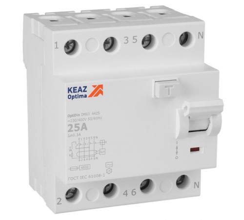 Выключатель дифференциального токаOptiDin DM63-4425-AC-4,5-УХЛ4 (4P, 25, 300mA)  343903  КЭАЗ