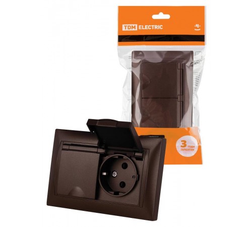 Розетка двойная 2П+З 16А 250В IP44 с защ. шт. с крышкой шоколад "Лама"  SQ1815-0560  TDM