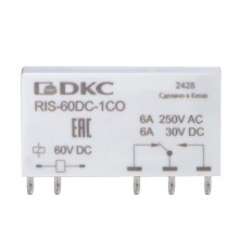 Реле миниатюрное ультратонкое, 1CO, ком. ток 6А, AgSnO2, напряжение 60V DC  RIS-60DC-1CO  DKC