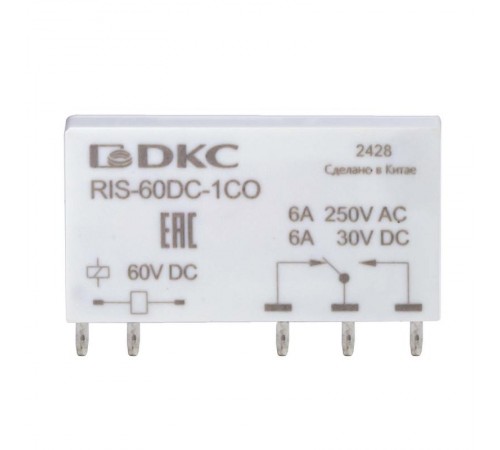 Реле миниатюрное ультратонкое, 1CO, ком. ток 6А, AgSnO2, напряжение 60V DC  RIS-60DC-1CO  DKC