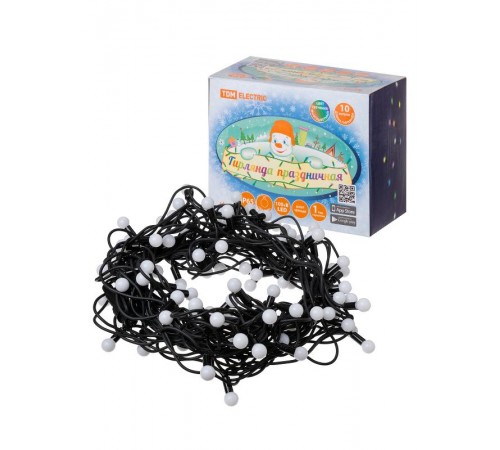 Гирлянда светодиодная "Шарики" 100LED, 10м, многоцвет., каучук чер., посл.подключ., 250 В, IP65,  SQ0361-0065  TDM ELECTRIC