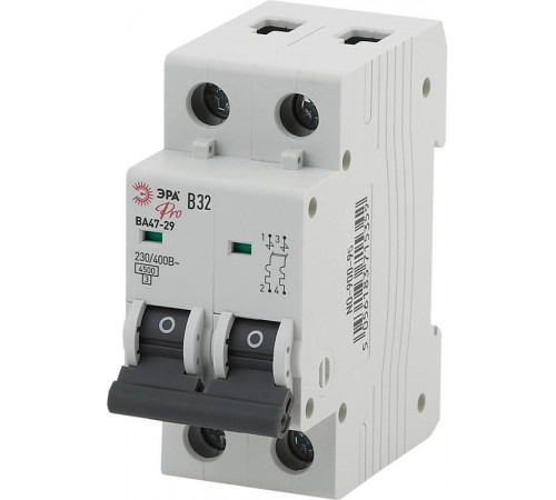 Выключатель автоматический двухполюсный NO-900-95 ВА47-29 2P 32А кривая B (6/90/1890)  Б0031790  ЭРА