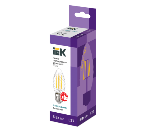 Лампа светодиодная LED CT35 свеча вит. 5Вт 230В 4000К E27 серия 360°  LLF-CT35-5-230-40-E27-CL  IEK