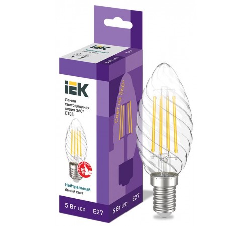 Лампа светодиодная LED CT35 свеча вит. 5Вт 230В 4000К E27 серия 360°  LLF-CT35-5-230-40-E27-CL  IEK