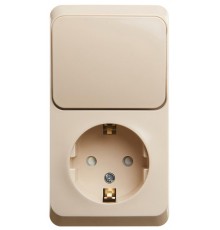 Этюд Кремовый О/У Блок: Розетка с заземлением со шторками + Выключатель 1-клавишный  BPA16-201K  SE