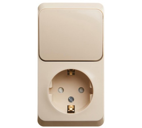 Этюд Кремовый О/У Блок: Розетка с заземлением со шторками + Выключатель 1-клавишный  BPA16-201K  SE