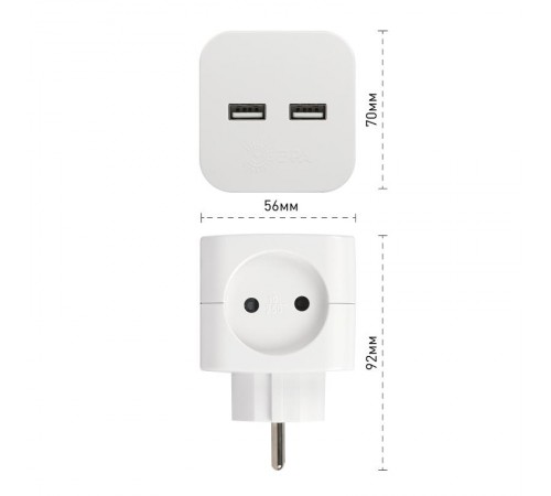 Разветвитель электрический ЭРА SP-2-USB-W на 2 розетки + 2xUSB 2400mA, без заземл 10А (белый)   Б0049531  ЭРА