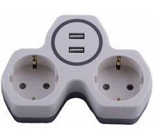 ADP16-14-20 Разветвитель сетевой 2-местный (+2 USB на 2.4А) с/з, 250В, 16A, белый/серый  32872  STEKKER