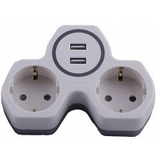 ADP16-14-20 Разветвитель сетевой 2-местный (+2 USB на 2.4А) с/з, 250В, 16A, белый/серый  32872  STEKKER