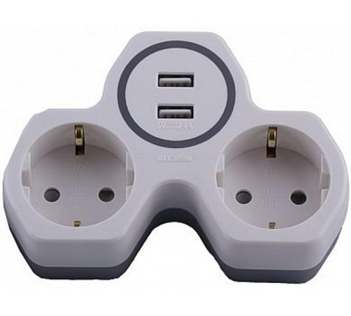 ADP16-14-20 Разветвитель сетевой 2-местный (+2 USB на 2.4А) с/з, 250В, 16A, белый/серый  32872  STEKKER