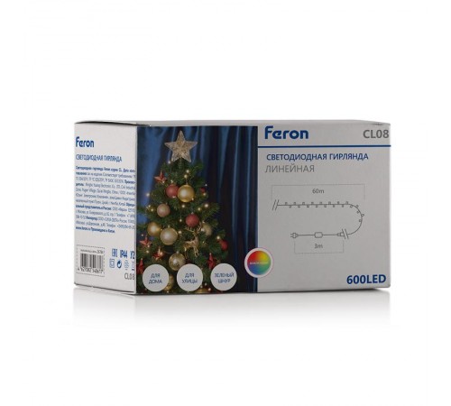 Гирлянда-нить CL08  600 диодов  мульти, 60м + 3м зеленый шнур, IP44  26784  FERON