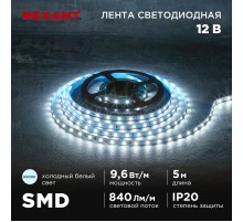 Лента светодиодная 12В, SMD2835, 9,6Вт/м, 60 LED/м, 6500K, 8мм, 5м, IP20  141-217  REXANT