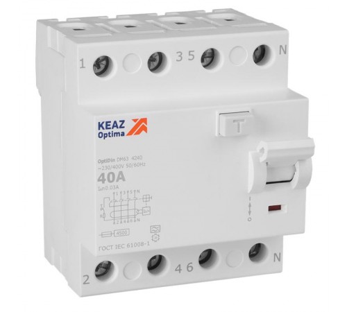 Выключатель дифференциального токаOptiDin DM63-4240-A-4,5-УХЛ4 (4P, 40, 30mA)  343916  КЭАЗ