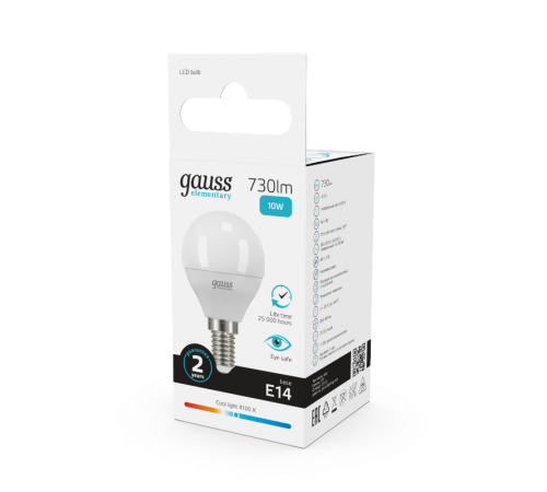 Лампа светодиодная LED 10Вт E14 220В 4100К Elementary шар  53120  Gauss