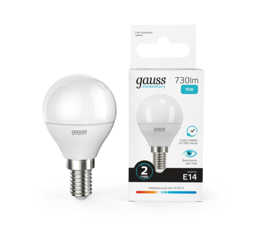 Лампа светодиодная LED 10Вт E14 220В 4100К Elementary шар  53120  Gauss