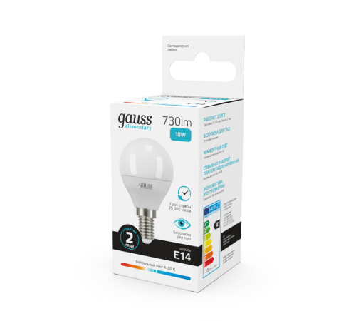 Лампа светодиодная LED 10Вт E14 220В 4100К Elementary шар  53120  Gauss