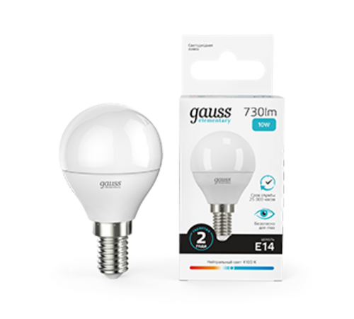 Лампа светодиодная LED 10Вт E14 220В 4100К Elementary шар  53120  Gauss