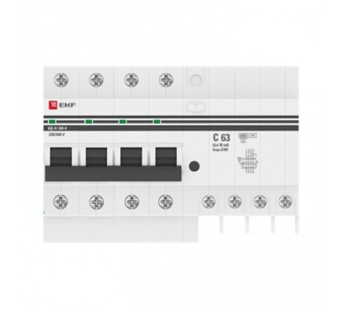 Выключатель автоматический дифференциального тока АД-4 63А/ 30мА (характеристика C, AC, электронный, защита 270В) 6кА PROxima  DA4-6-63-30-pro  EKF