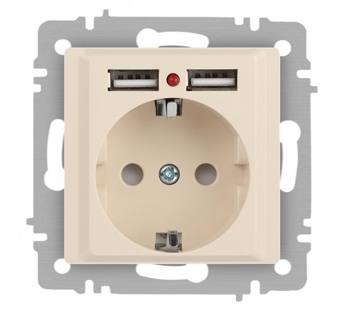 Розетка Intro Accent 6-410-02 , P+E Schuko со шторками, 16А-250В + 2хUSB, IP20, СУ, слоновая кость  Б0063692  Intro
