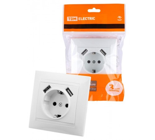 Розетка 2П+З 16А 250В + 2 USB порта 2,1А 5В белая "Лама"  SQ1815-0042  TDM