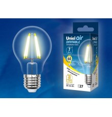 Лампа светодиодная LED-A60-7W/WW/E27/CL/DIM GLA01TR LED диммируемая. "груша" прозр серия Air. 3000K  UL-00002872  Uniel
