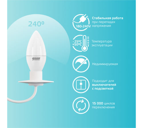 Лампа светодиодная LED 8Вт E14 220В 4100К Elementary свеча  33128  Gauss