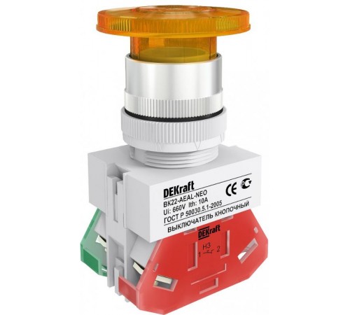 Выкл. кноп. грибок с фикс. AEAL 22 мм Цвет:ЖЕЛТЫЙ  25035DEK  DEKraft