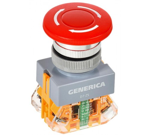 Кнопка D7-ZS "Грибок" d=22мм 1з+1р поворотная с фиксацией красная  BBG50-11ZS-3-21-K04-G  GENERICA