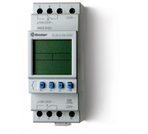 Реле времени цифровое недельное; монтаж на рейку 35мм; 2СO 16A; питание 24В АC/DC; ширина 35.8мм; степень защиты IP20  122200240000PAS  Finder