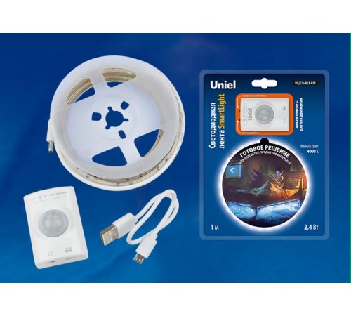 Комплект светодиодная лента 1м IP65 белый свет 4000К акк. Li-Ion 1100 мАч, в/к ULS-R21-2,4W/4000K/1,0M/RECH SENSOR Smart Light  UL-00004450  Uniel