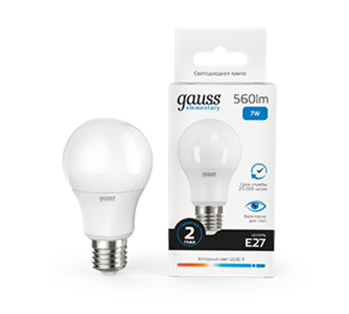 Лампа светодиодная LED Elementary A60 7W E27 560lm 6500K  23237A  Gauss