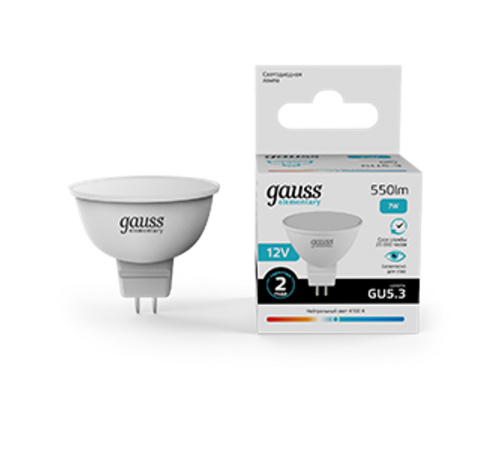 Лампа светодиодная   Elementary MR16 12V 7W 550lm 4100K GU5.3 LED 1/10/100  11527  Gauss