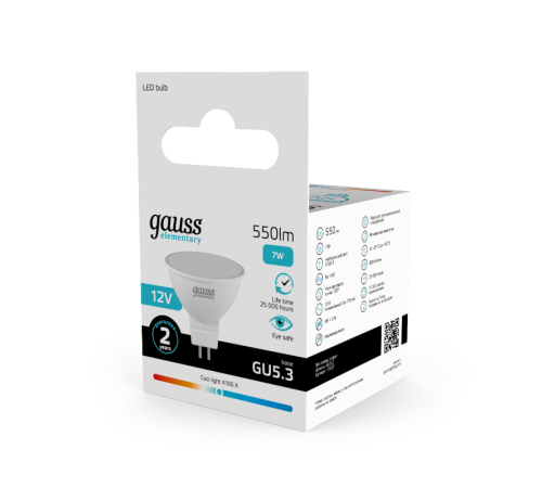 Лампа светодиодная   Elementary MR16 12V 7W 550lm 4100K GU5.3 LED 1/10/100  11527  Gauss