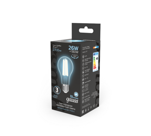Лампа светодиодная Filament А70 26W 2700lm 4100К Е27 LED 1/10/40  102902226  Gauss