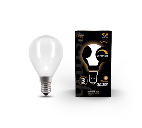 Лампа светодиодная Filament Шар 9W 590lm 3000К Е14 milky диммируемая LED 1/10/50  105201109-D  Gauss