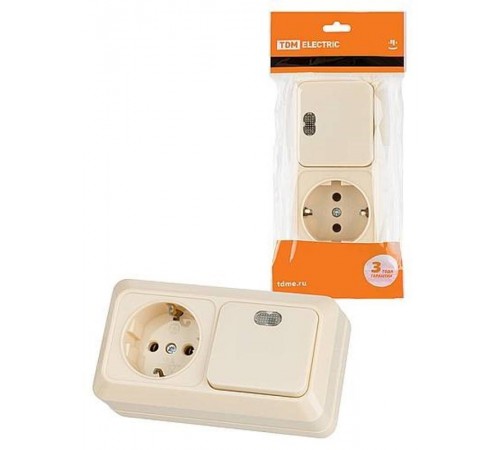 Блок комбинированный выкл. 1-кл. с/п 10А + розетка 2П+З 16А 250В БКВР IP20 сл. кость "Ладога"   SQ1801-0203  TDM