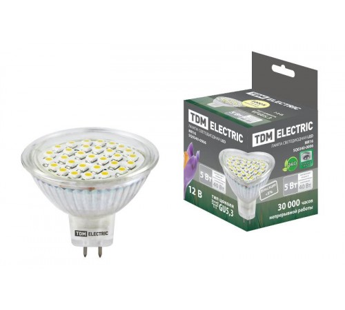 Лампа светодиодная LED 5Вт GU5.3 12В 3000К MR16 SMD отражатель (рефлектор)  SQ0340-0006  TDM